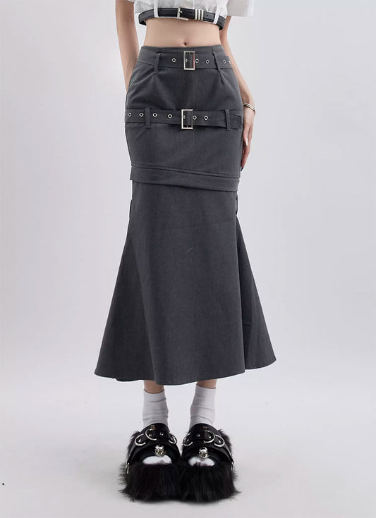 Double belt, zipper removable slim long skirt P971