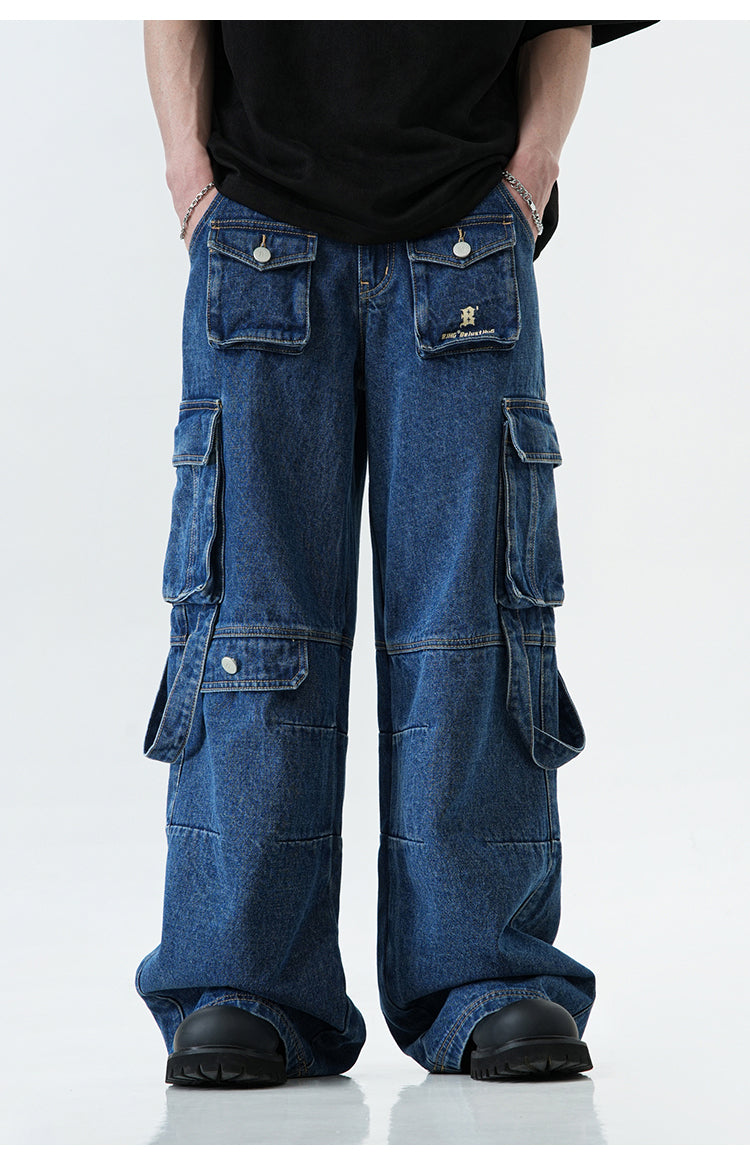 Oversized multi-pocket straight denim pants P382