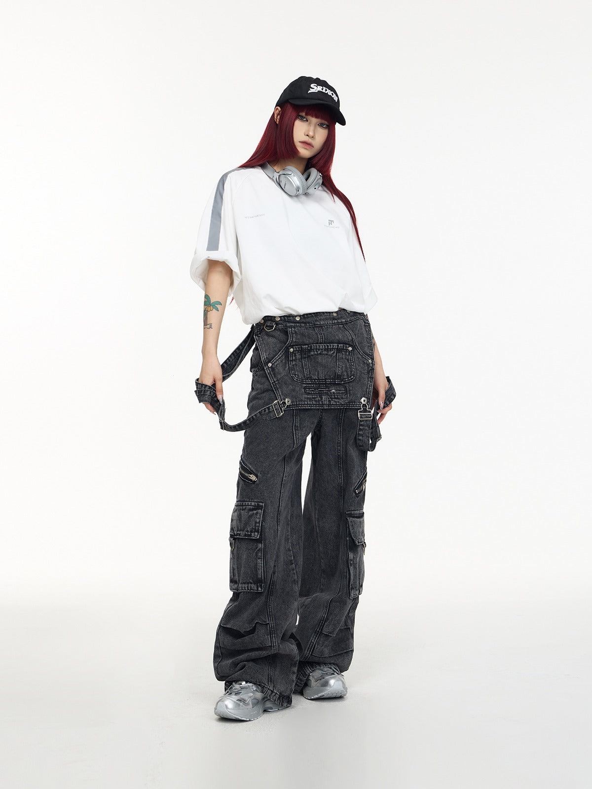 Multi-pocket washed denim overalls P536