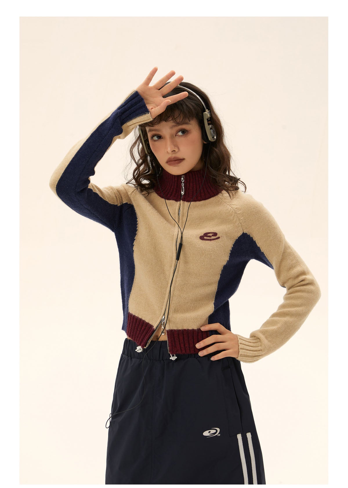 American retro contrast color zip knit P458