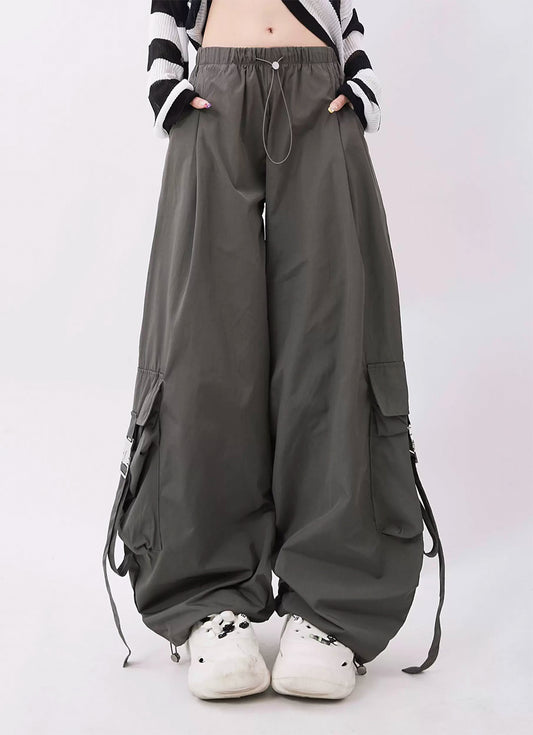 Big pocket drawstring design straight pants P966