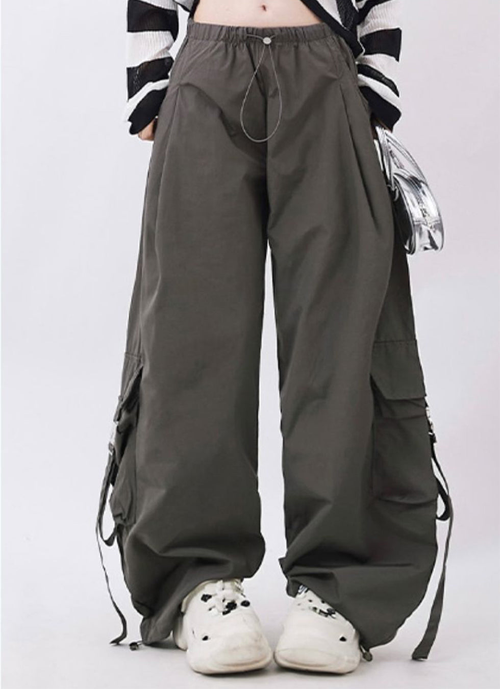 Big pocket drawstring design straight pants P966