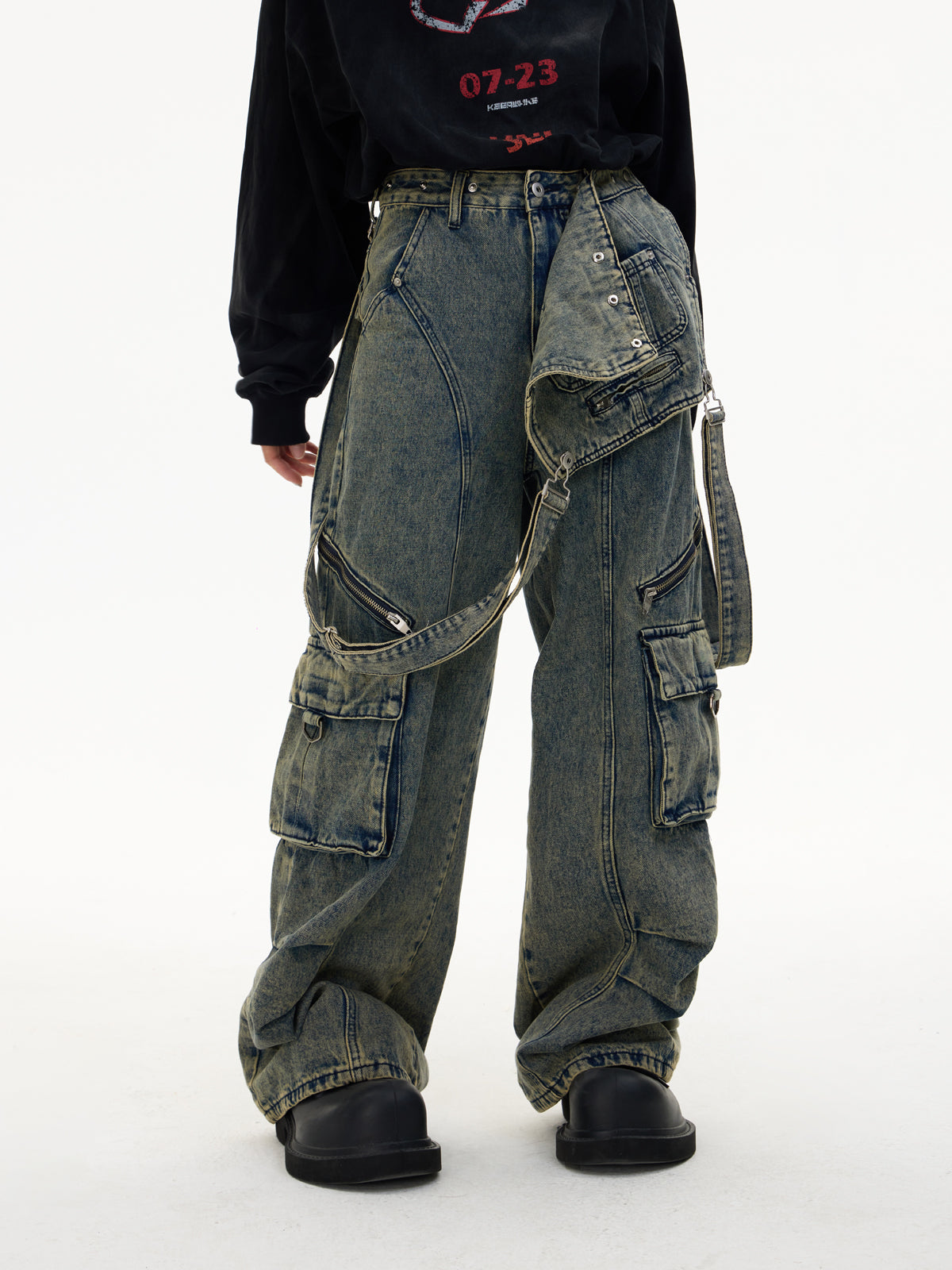 Multi-pocket washed denim overalls P536