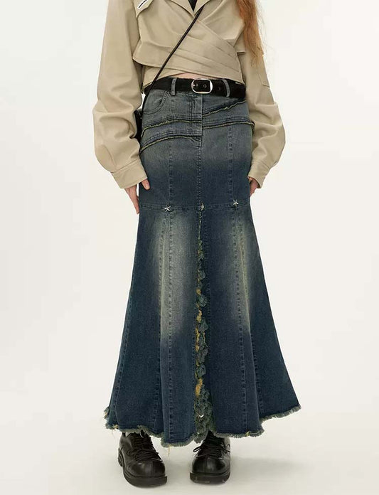 Star rivet slit denim skirt P1310