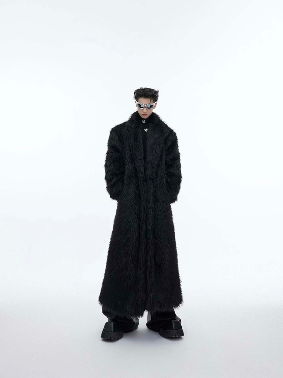 Big silhouette anti-mink fur long coat P1006