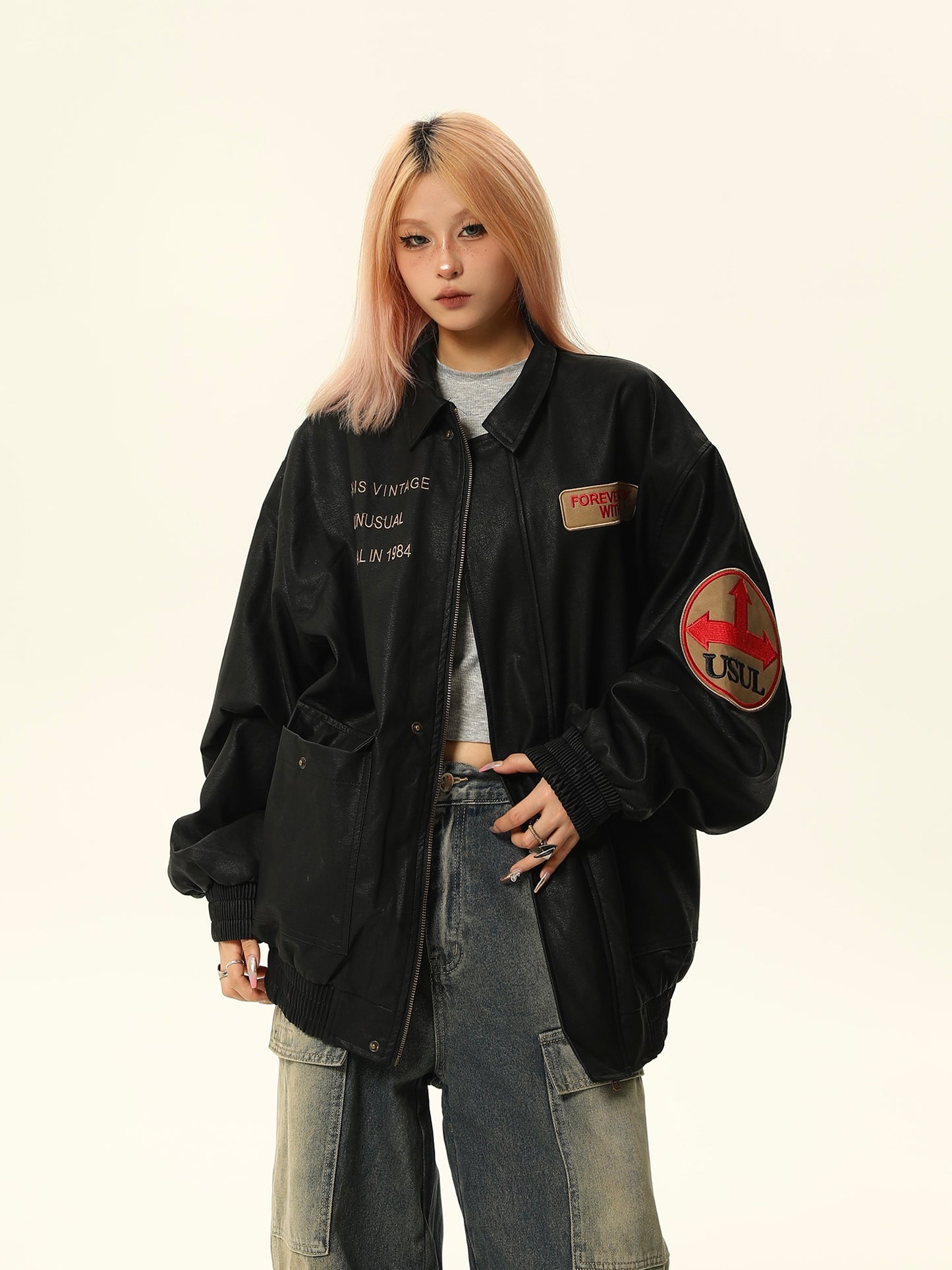 American retro PU leather jacket P1332