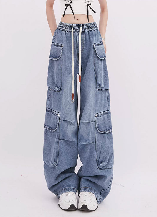 Multi-pocket design straight jeans P968