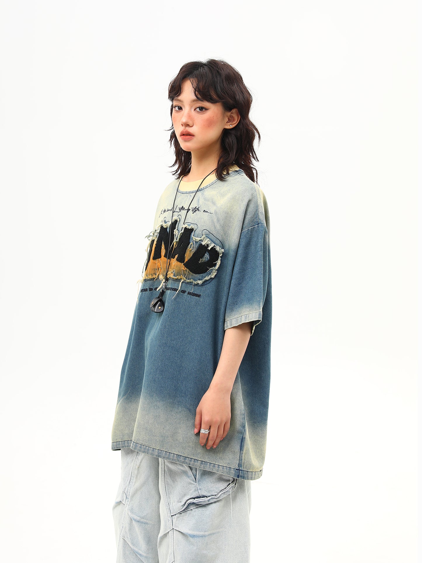 ウォッシュデザイン 刺繍デニム Tシャツ P2028