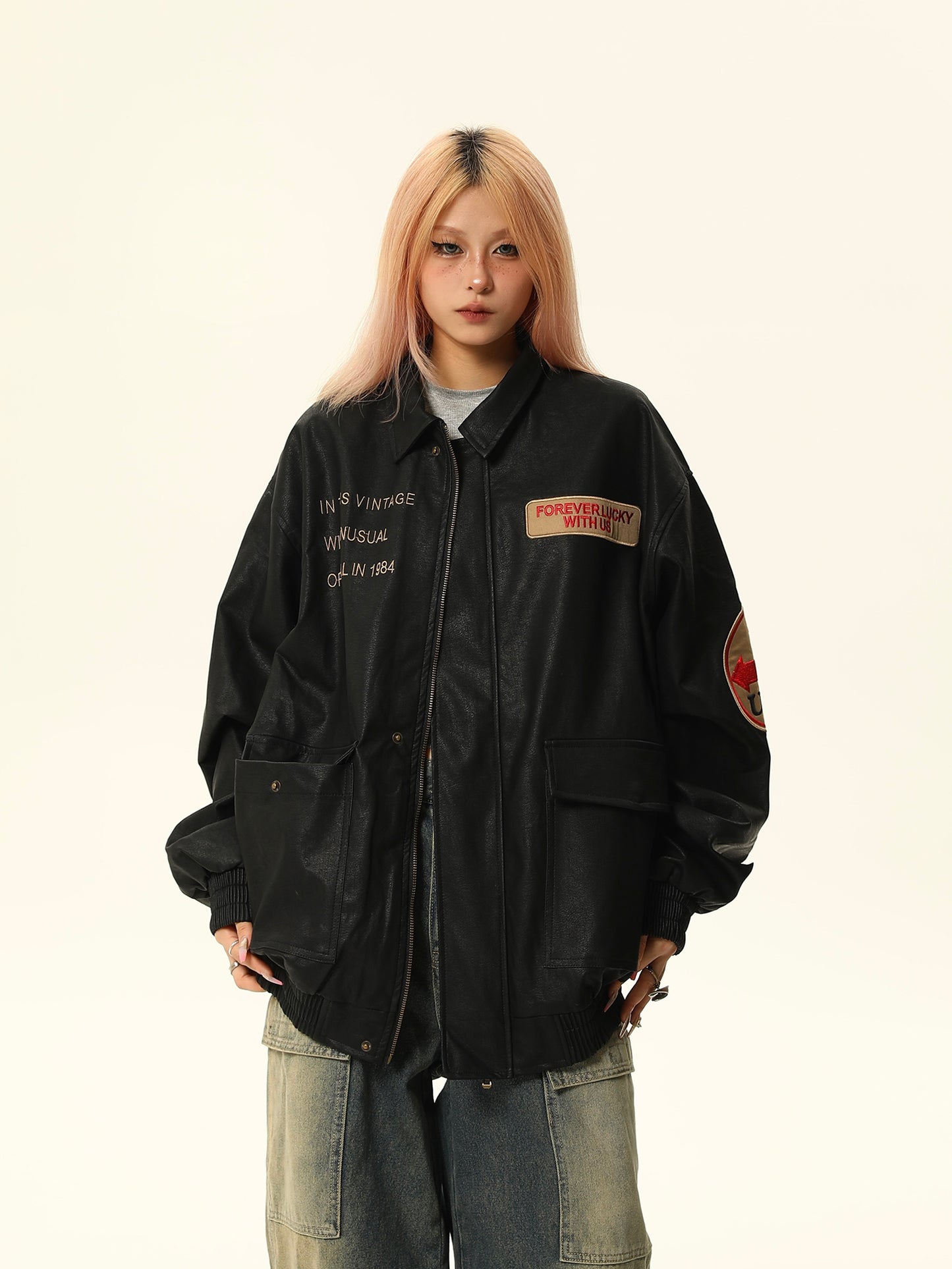 American retro PU leather jacket P1332