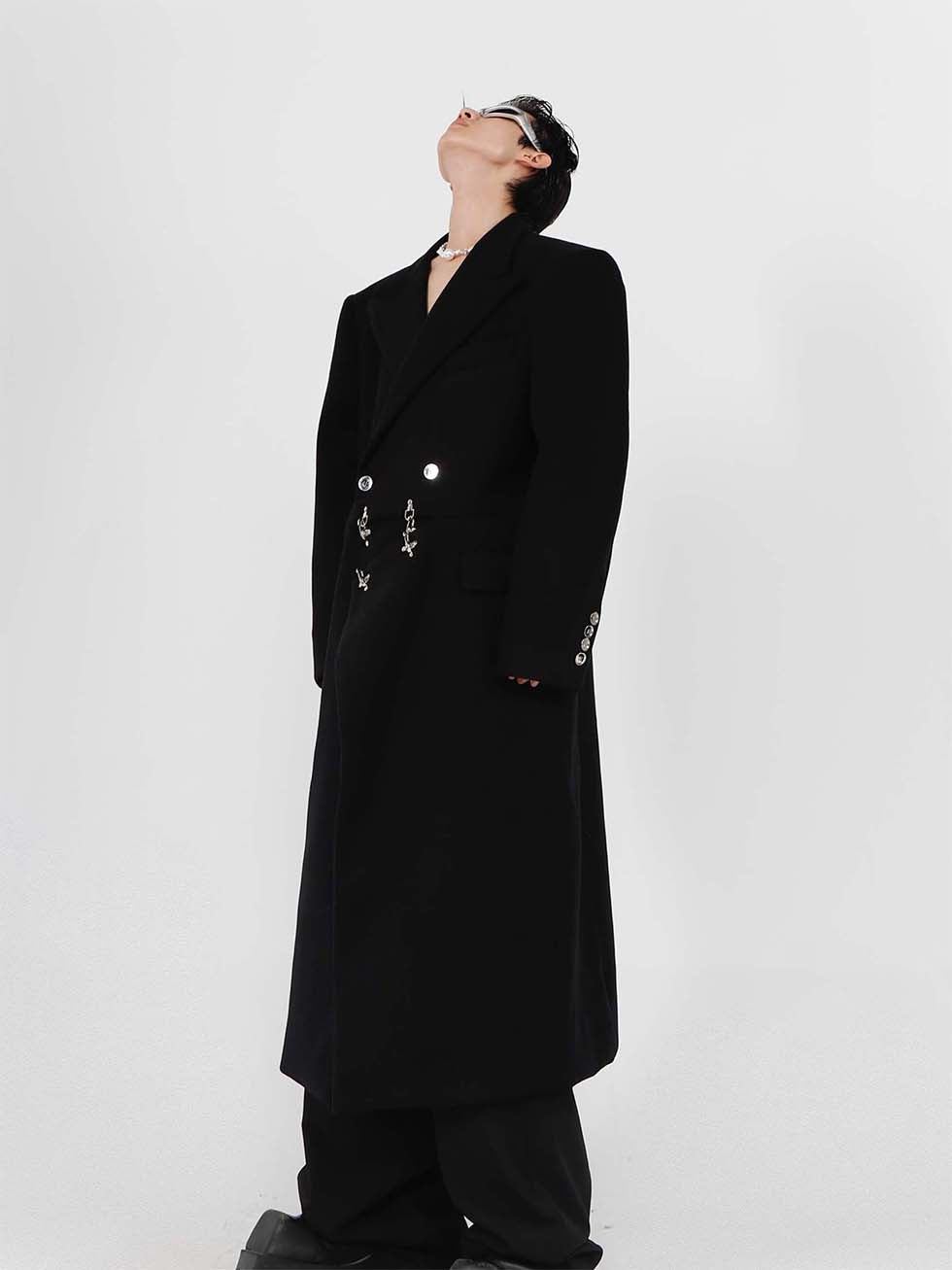 Wool long coat with shoulder pads P1001