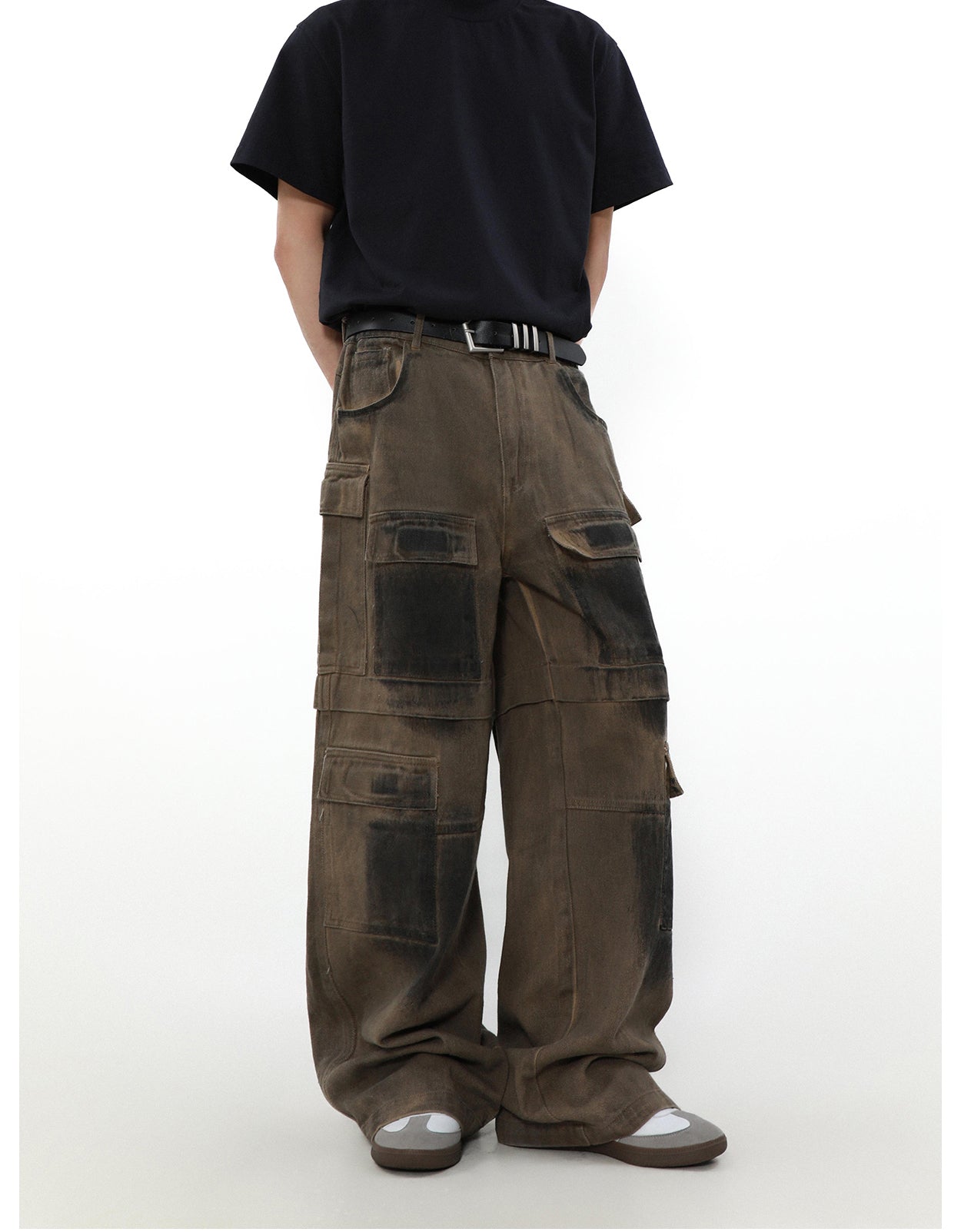 American retro distressed multi-pocket denim pants P829