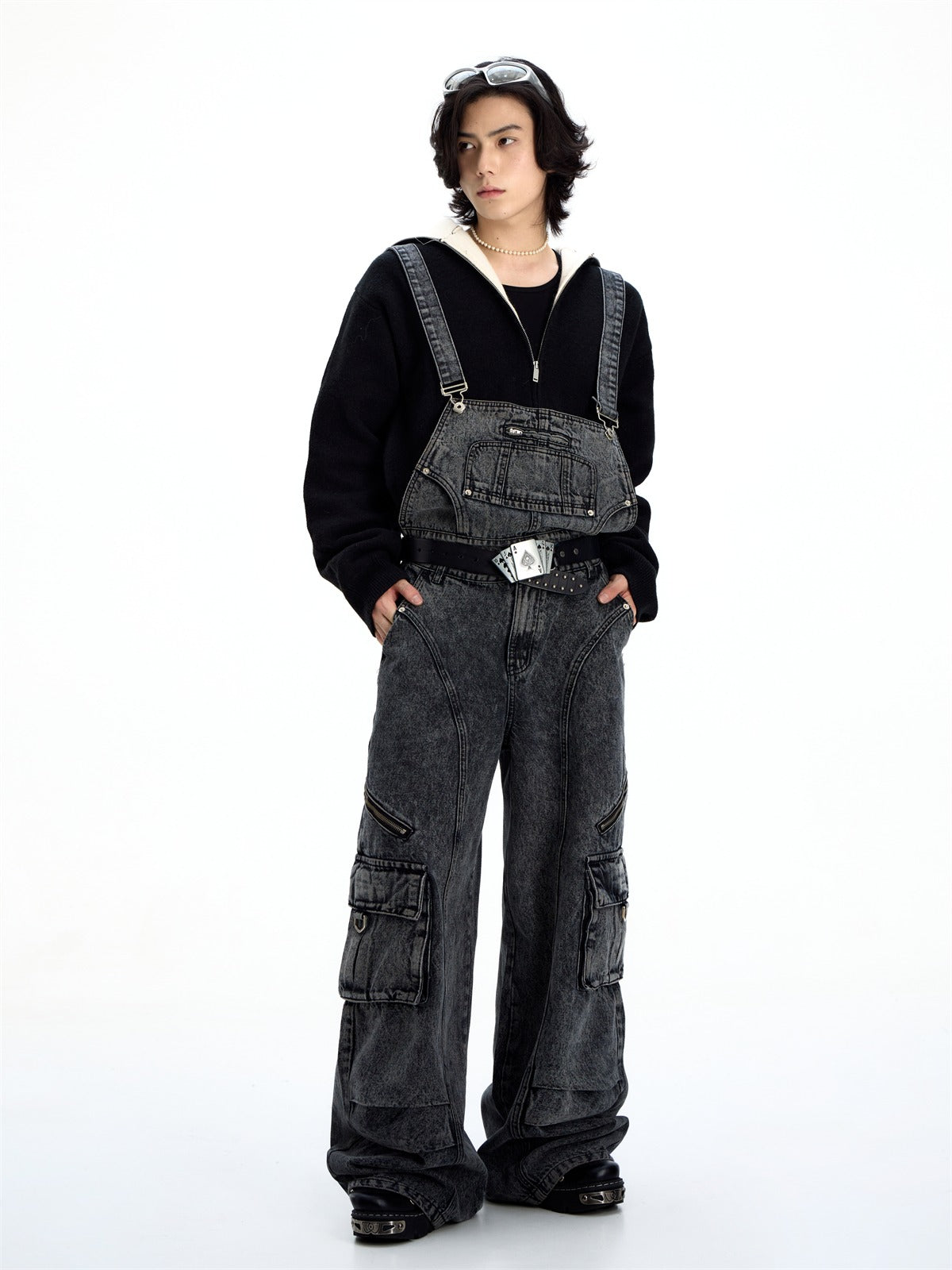 Multi-pocket washed denim overalls P536