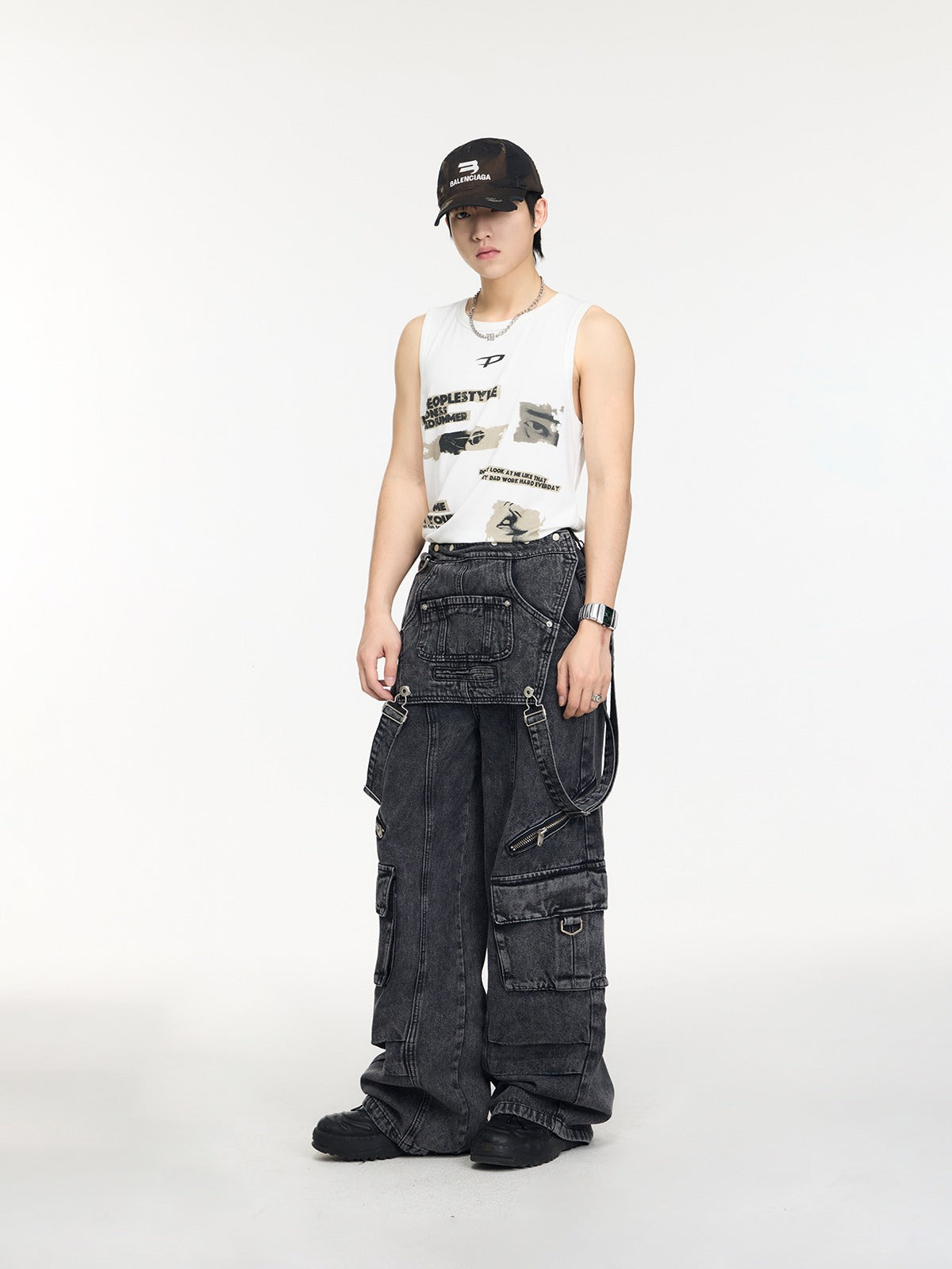 Multi-pocket washed denim overalls P536