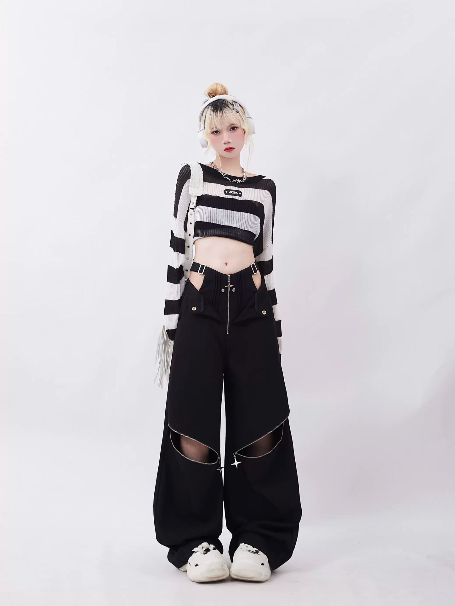 Zipper Two-Ware Wide Leg Casual Pants P931