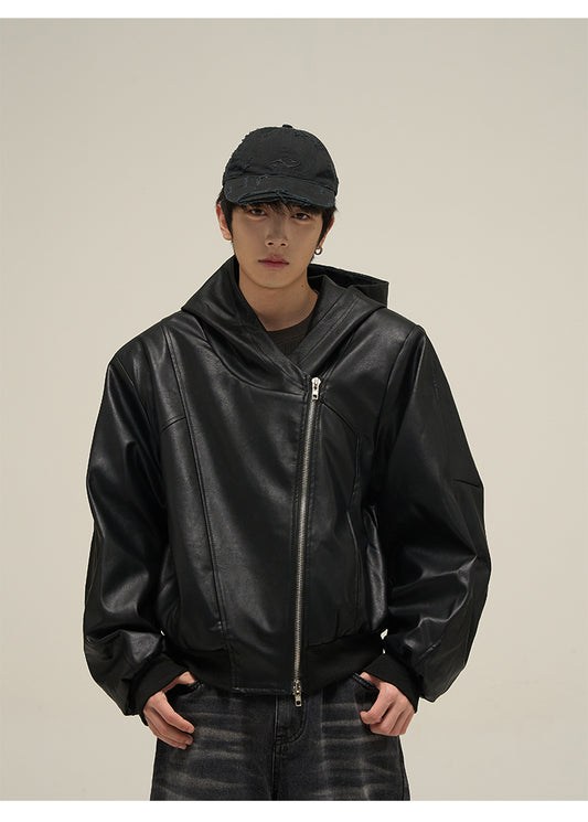 Hooded zip leather jacket P671