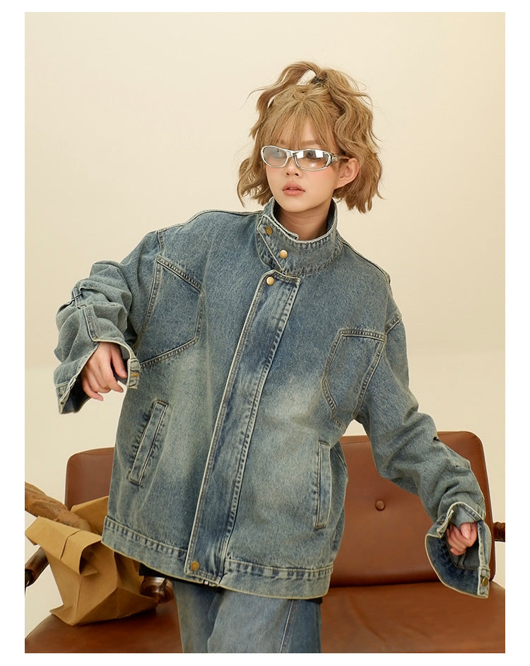 Pleated design washed denim jacket P1281