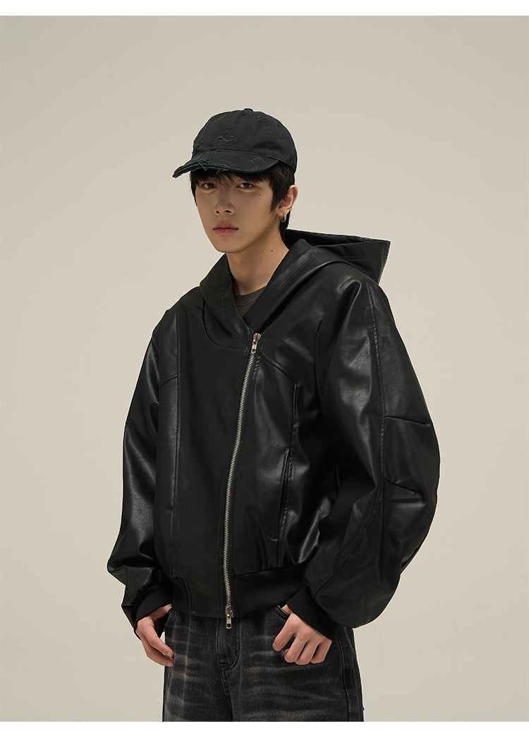 Hooded zip leather jacket P671