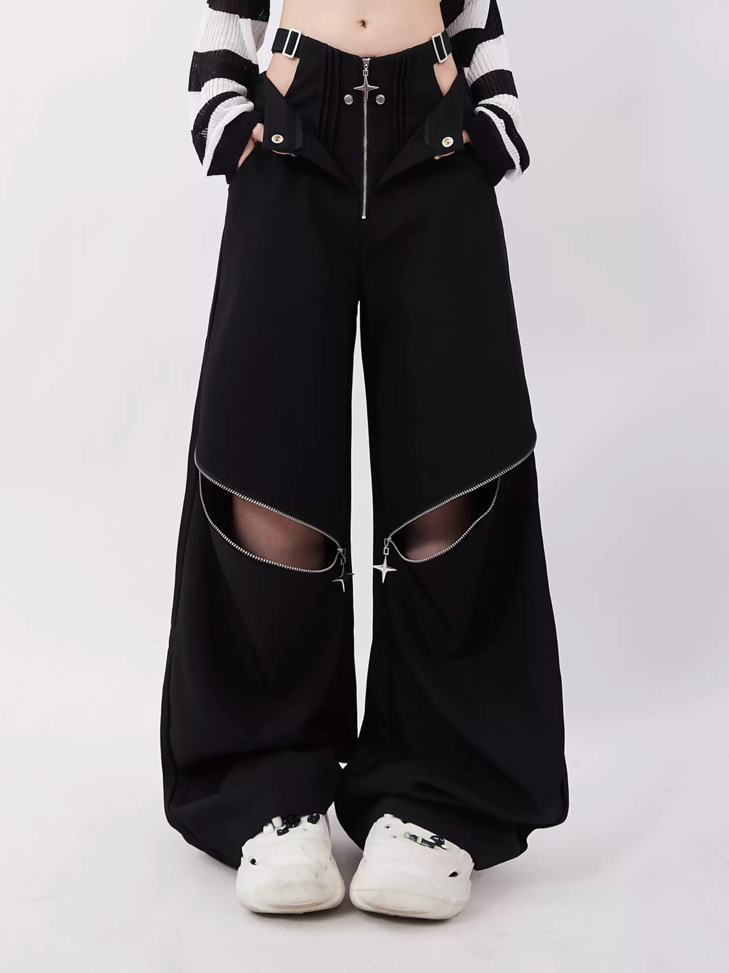 Zipper Two-Ware Wide Leg Casual Pants P931