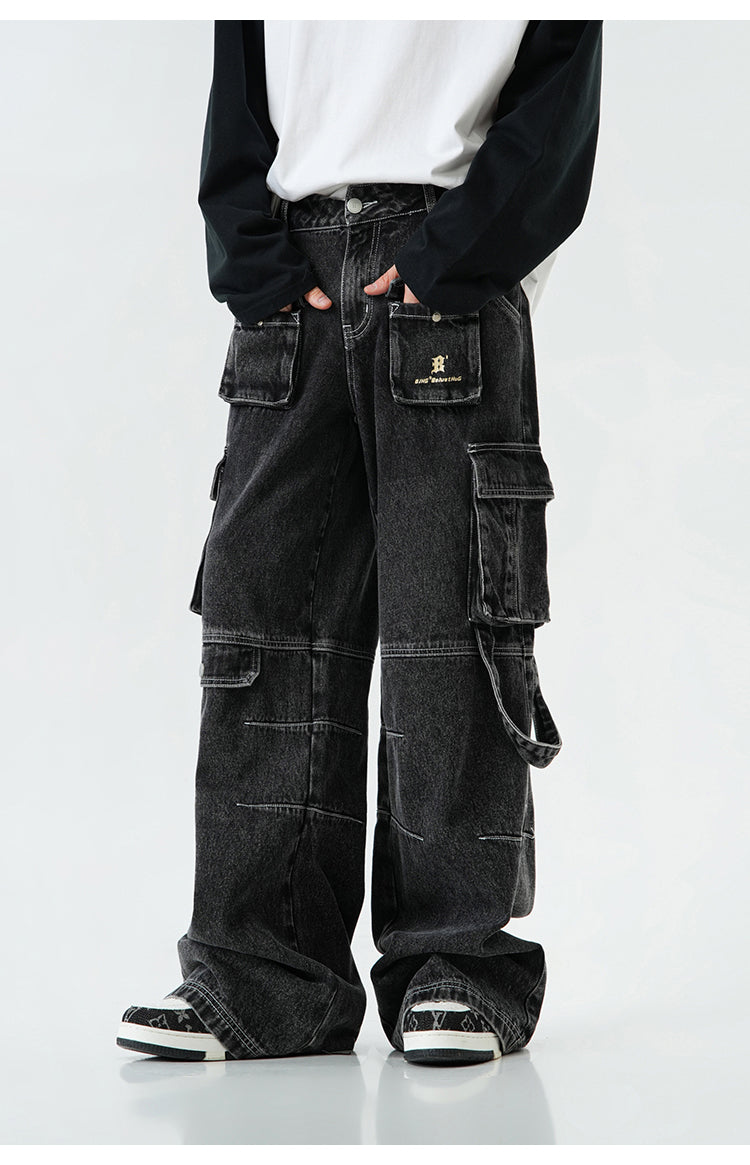 Oversized multi-pocket straight denim pants P382