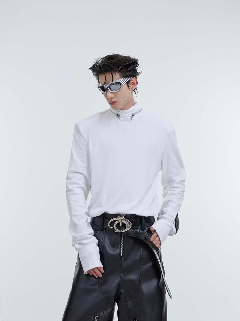 Metal zipper stand collar long sleeve shirt P1114