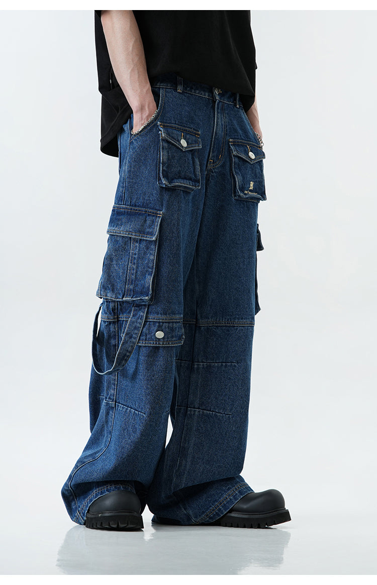 Oversized multi-pocket straight denim pants P382