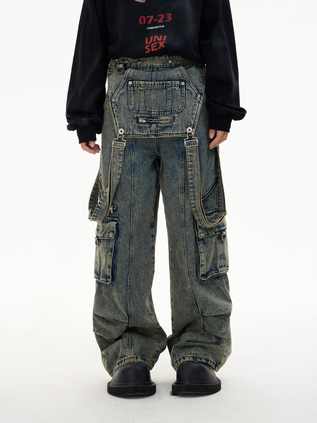 Multi-pocket washed denim overalls P536