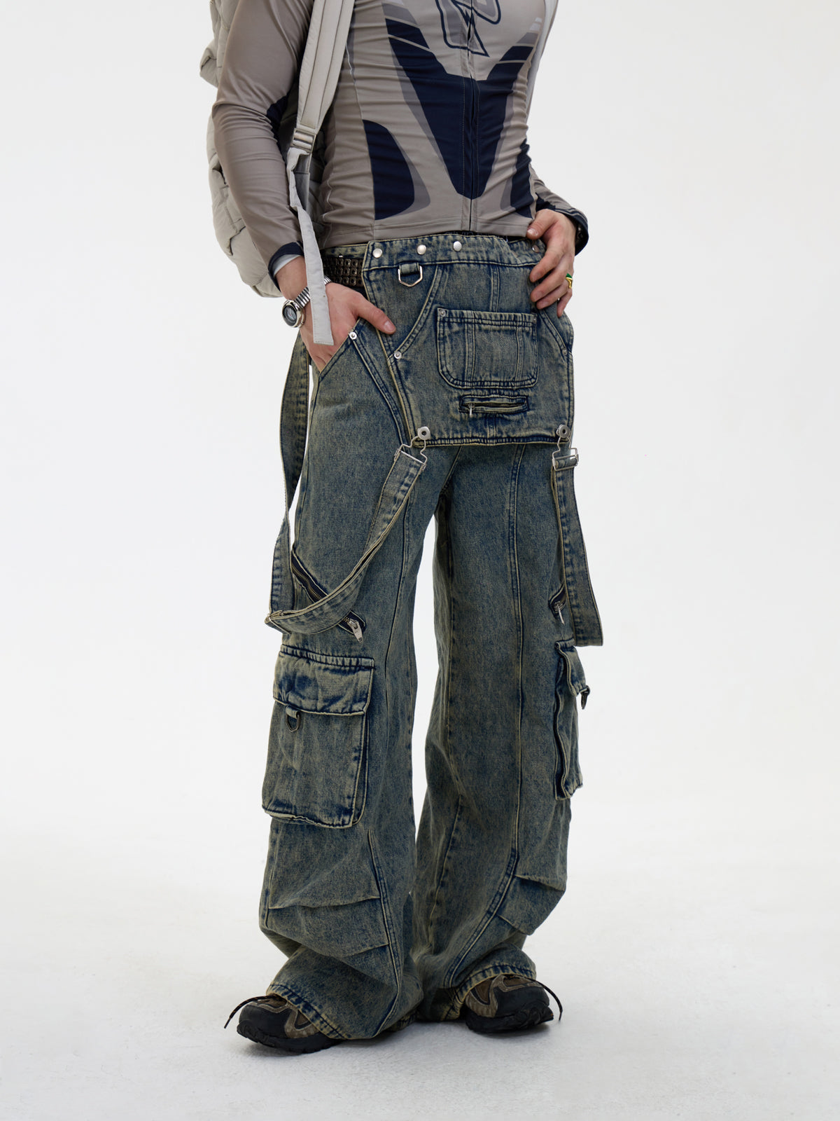 Multi-pocket washed denim overalls P536