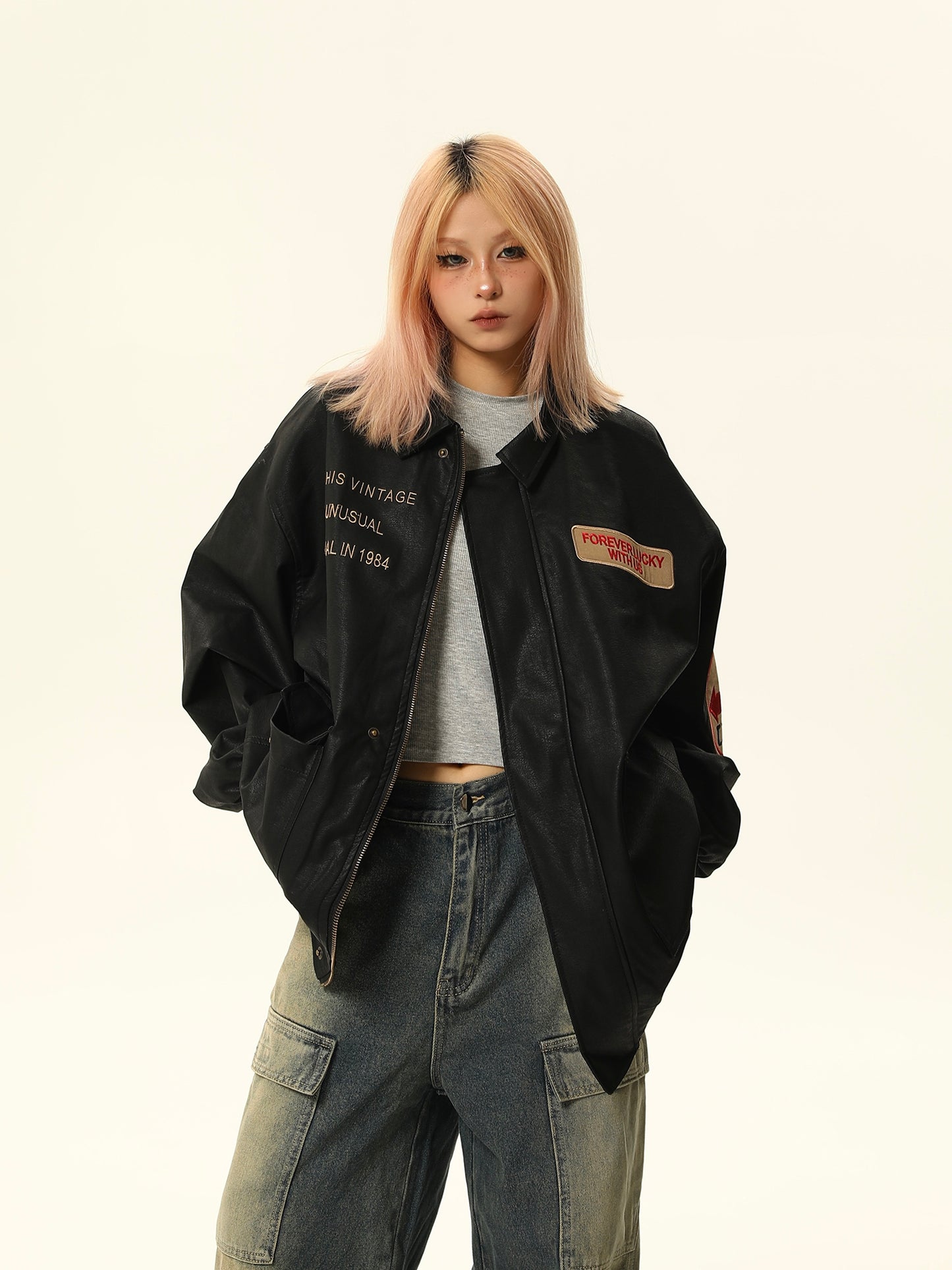 American retro PU leather jacket P1332