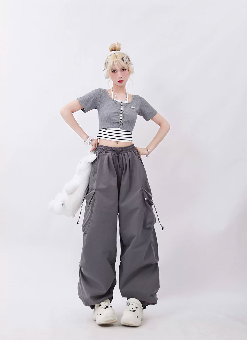 Multi-pocket pleated design casual pants P964