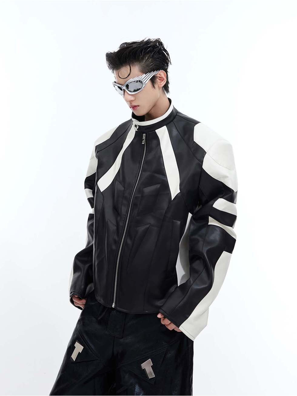 Contrast color leather jacket P1138