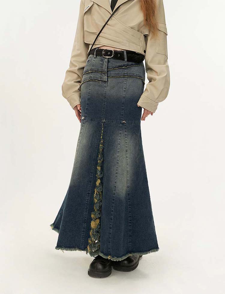 Star rivet slit denim skirt P1310