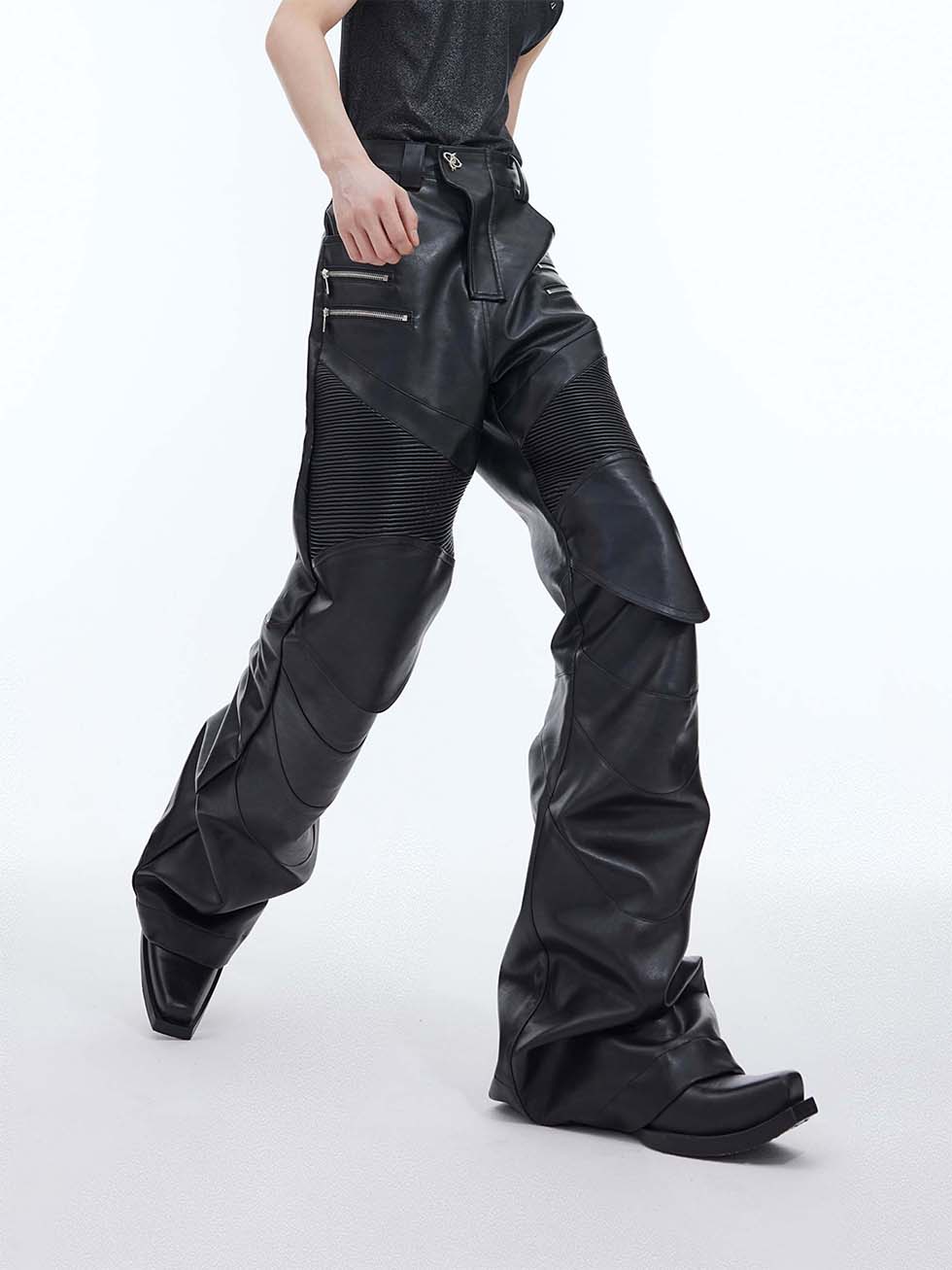 Metal zipper decorated leather pants P1149