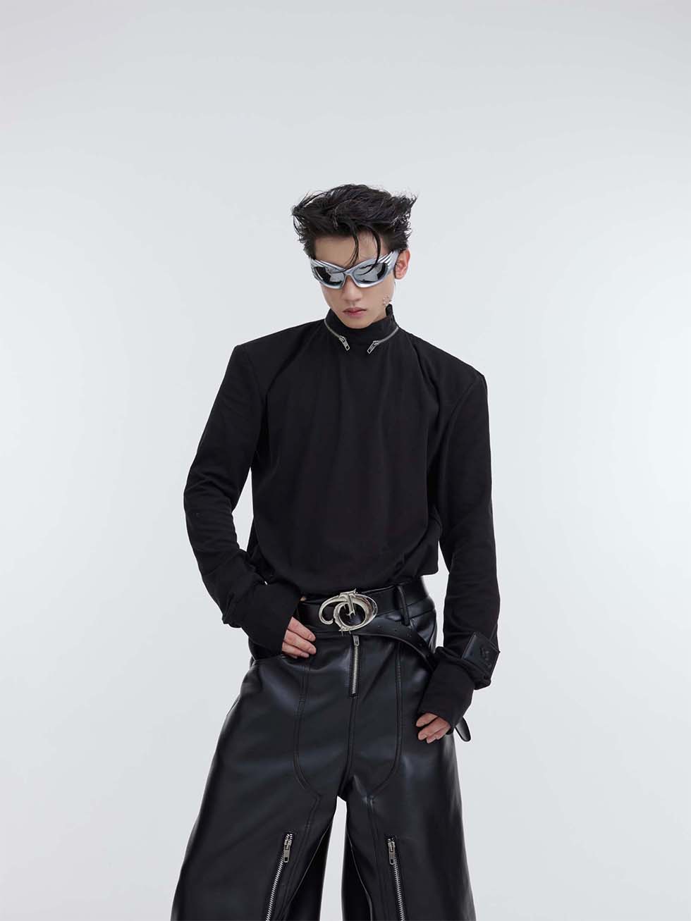 Metal zipper stand collar long sleeve shirt P1114