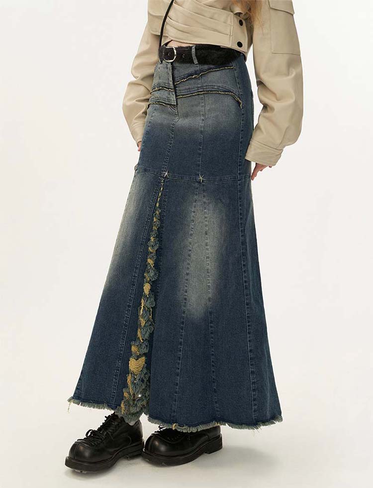 Star rivet slit denim skirt P1310