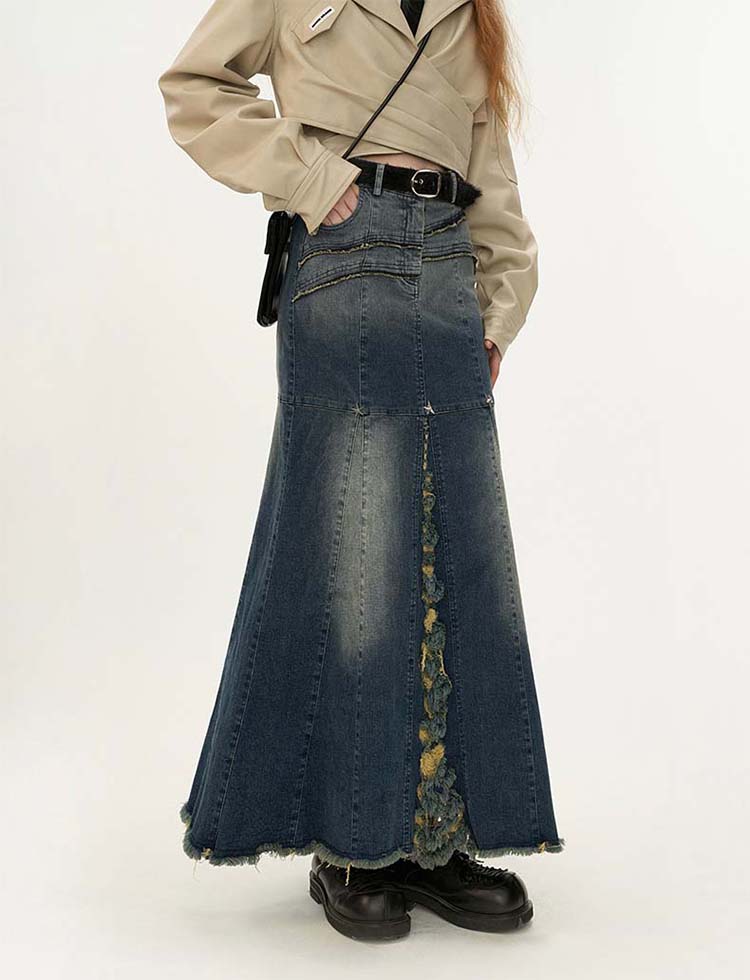 Star rivet slit denim skirt P1310