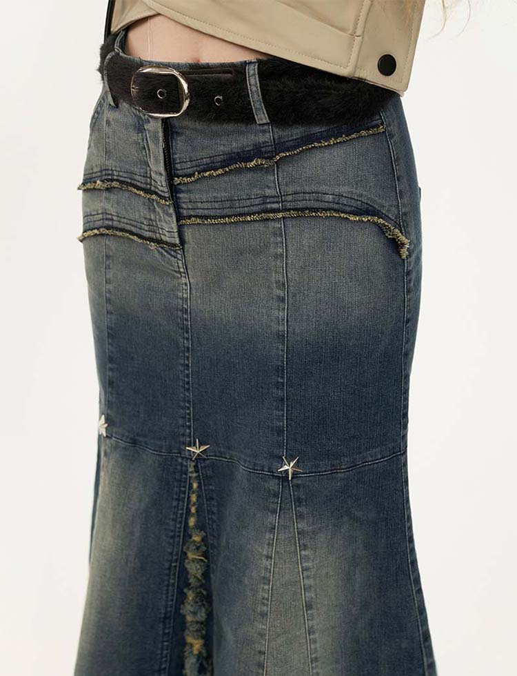 Star rivet slit denim skirt P1310